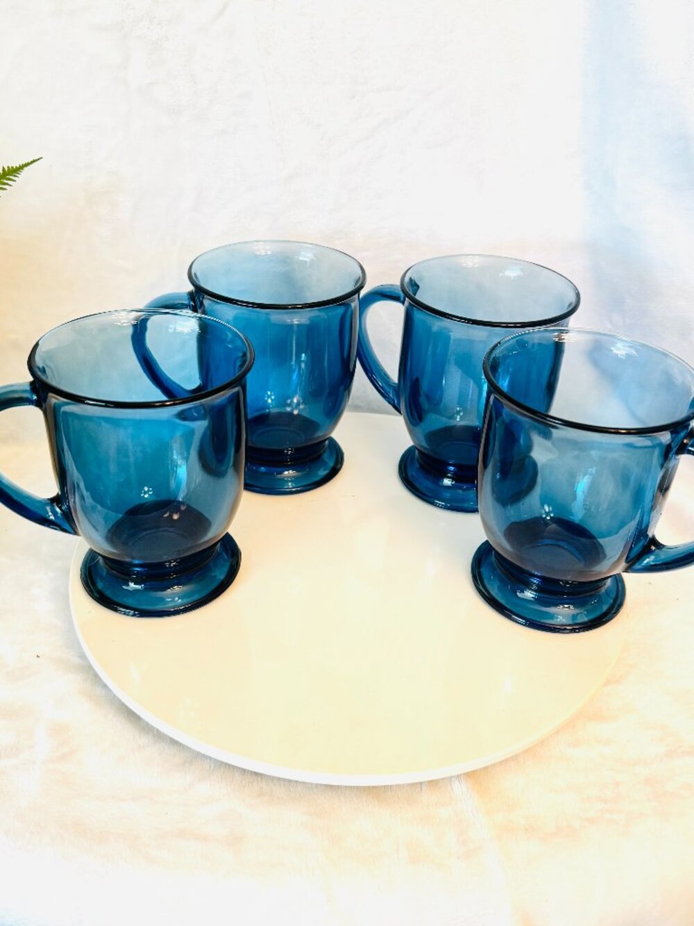 4 Vtg Anchor Hocking Pedestal Aqua Blue Glass Mugs 16oz Coffee Tea Cup Classic